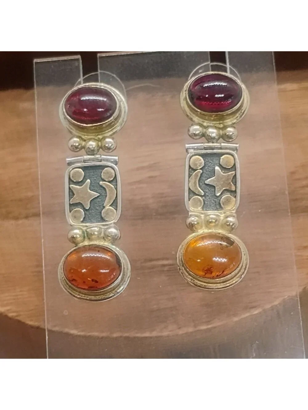 Celestial Moon Stars 925 Sterling Silver Mixed Metal Earrings w/Amber & Garnet